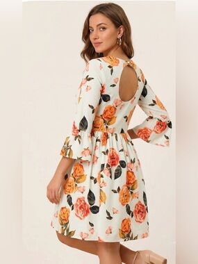 CeCe Cream Floral 3/4-Sleeve Dress with Pink & Orange Roses